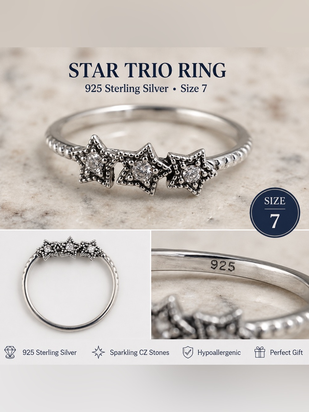 Star Trio Sterling Silver Ring with Sparkling CZ Stones in Silver - Size 7